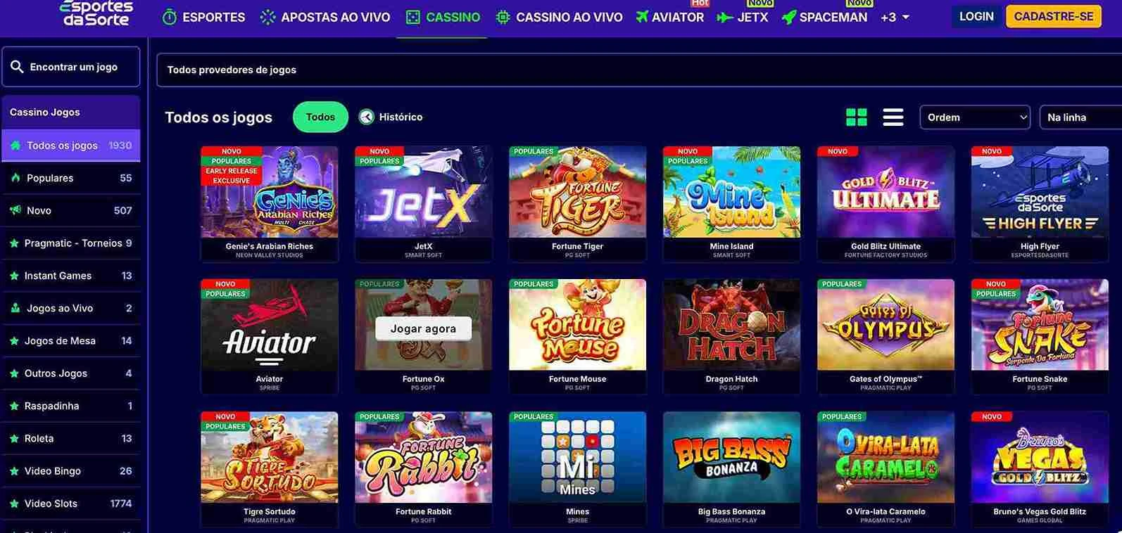 Confira o catálogo de jogos do cassino da Esportes da Sorte