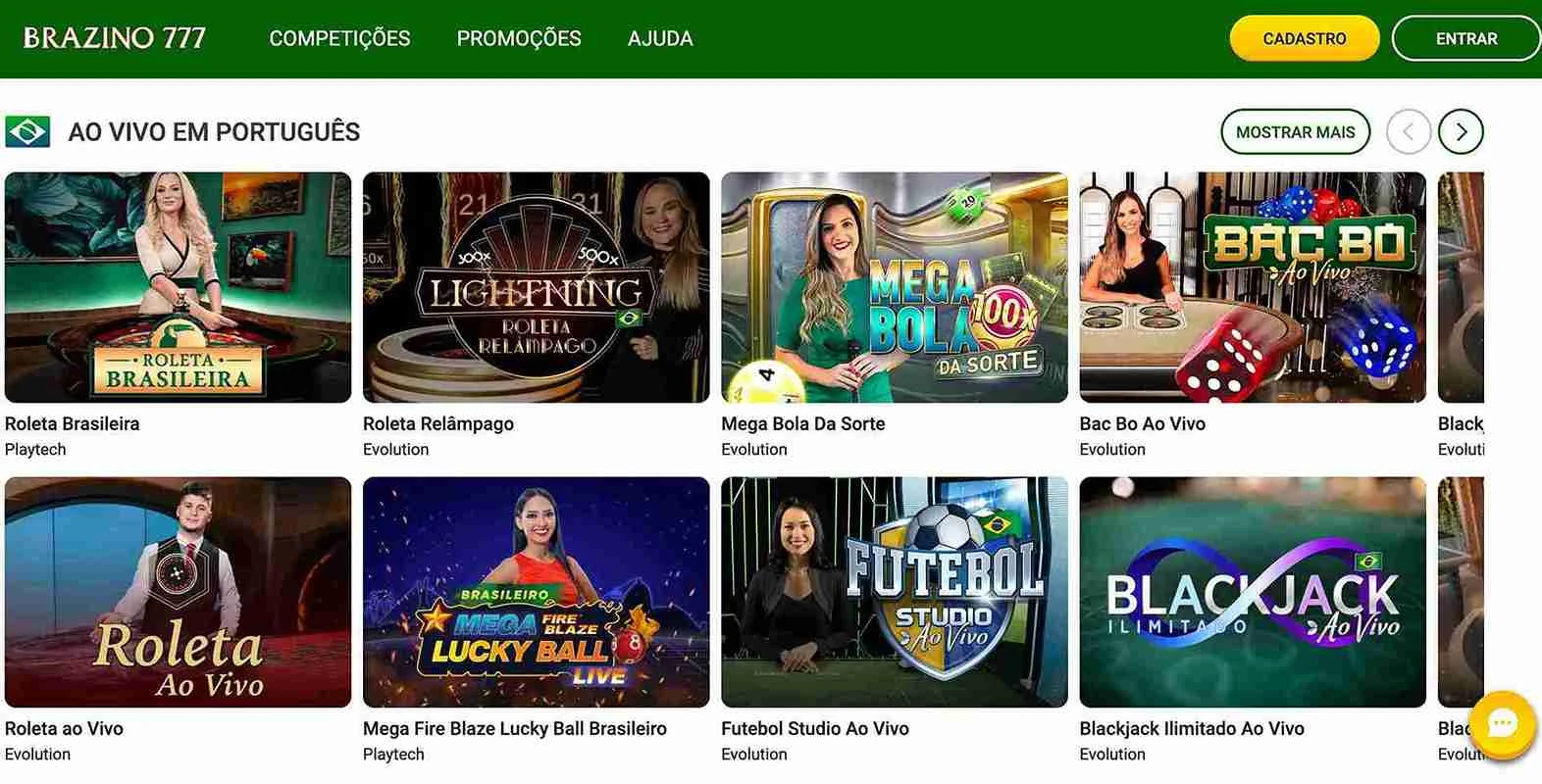 Página de cassino ao vivo com dealers reais da Brazino777