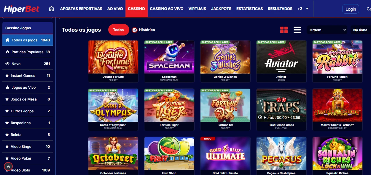 HiperBet casino com jogos disponíveis aos usuários