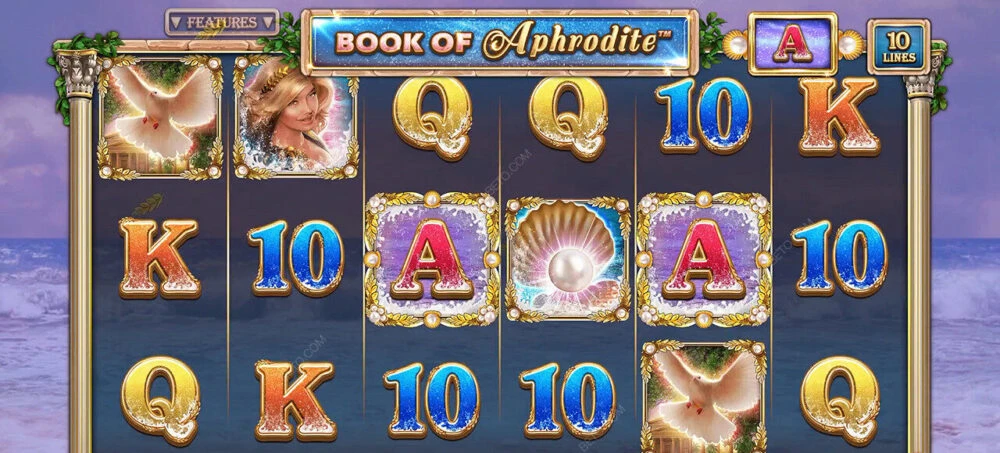 Imagem do jogo Book of Aphrodite com fundo roxo, o rolo de símbolos em destaque com pombos, letras K, Q e A, o número 10 e a imagem de uma pérola. Ótimo jogo com bônus de dia dos namorados.