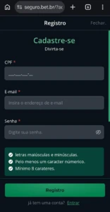 Processo de cadastro na Superbet